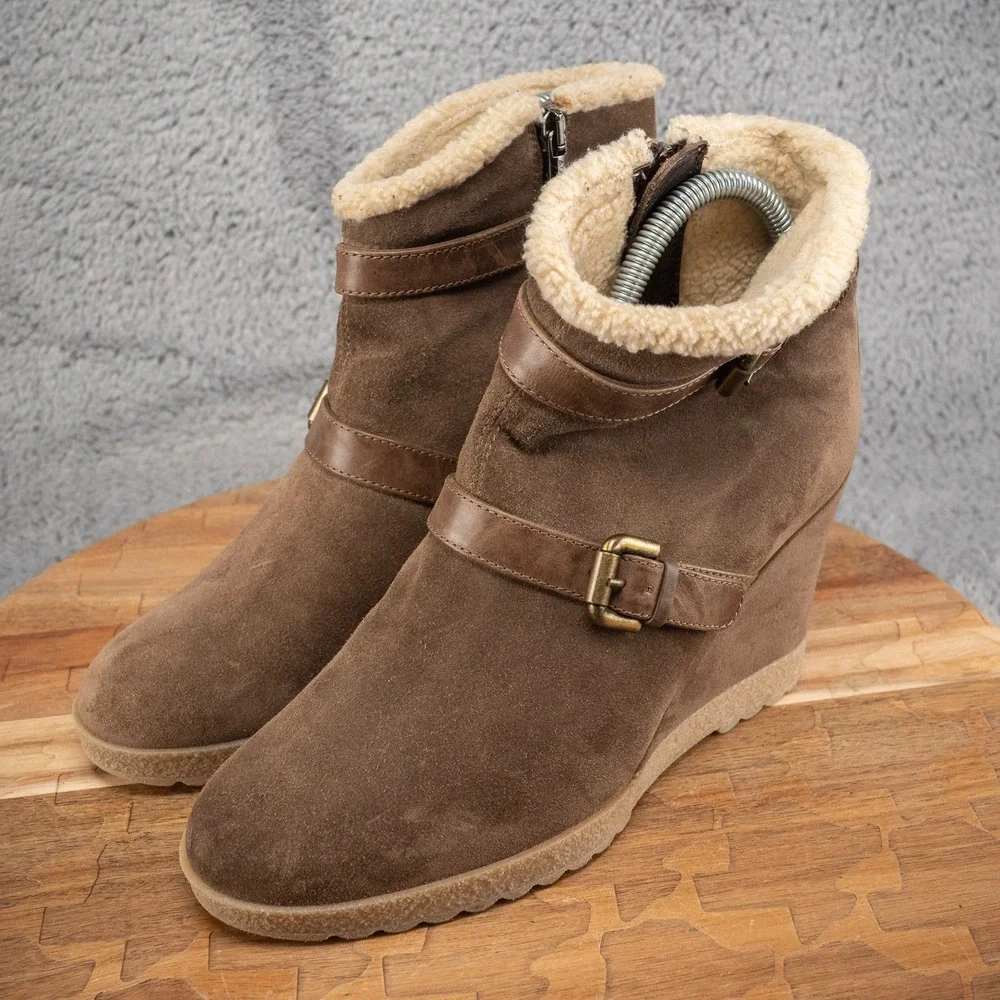 $398 RARE Aquatalia‎ US 9 Shearling Brown Suede Wedge Winter Ankle Boot